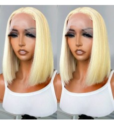 Golden Blonde Bob Wig with Bangs Human Hair Blonde Bob with Fringe 613 Lace Front Straight Bob